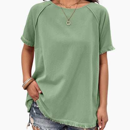 Women's Crew Neck Short Sleeve T-Shirt Fringe Sleeves