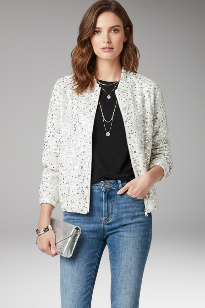 Women's Glitter Flight Jacket Zipper Stand Collar