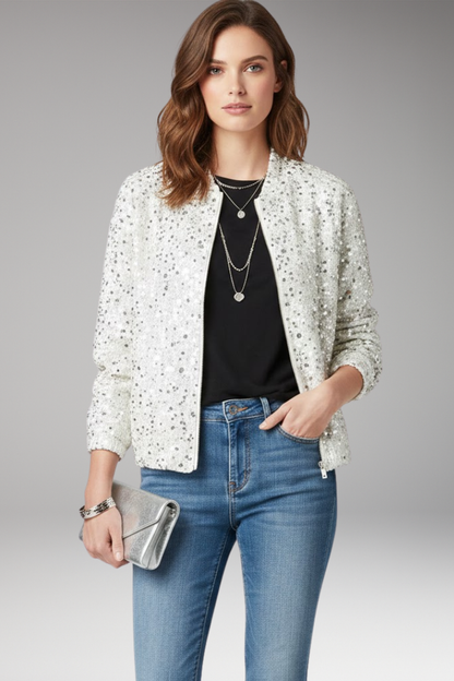 Women's Glitter Flight Jacket Zipper Stand Collar