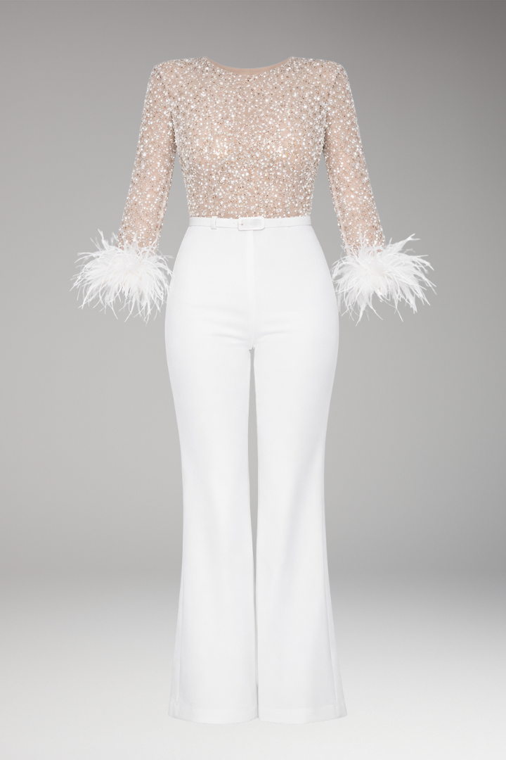 Women's Sequined Jumpsuit Feather Cuffs
