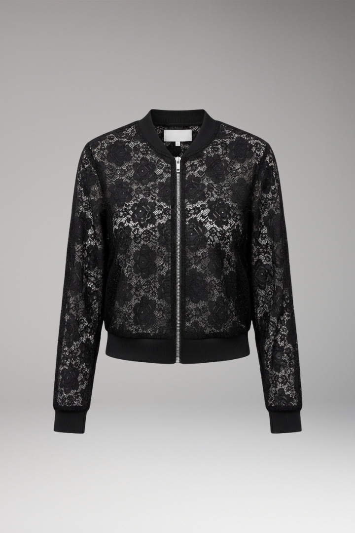 Women's Lace Bomber Jacket Zip Elastic Cuffs