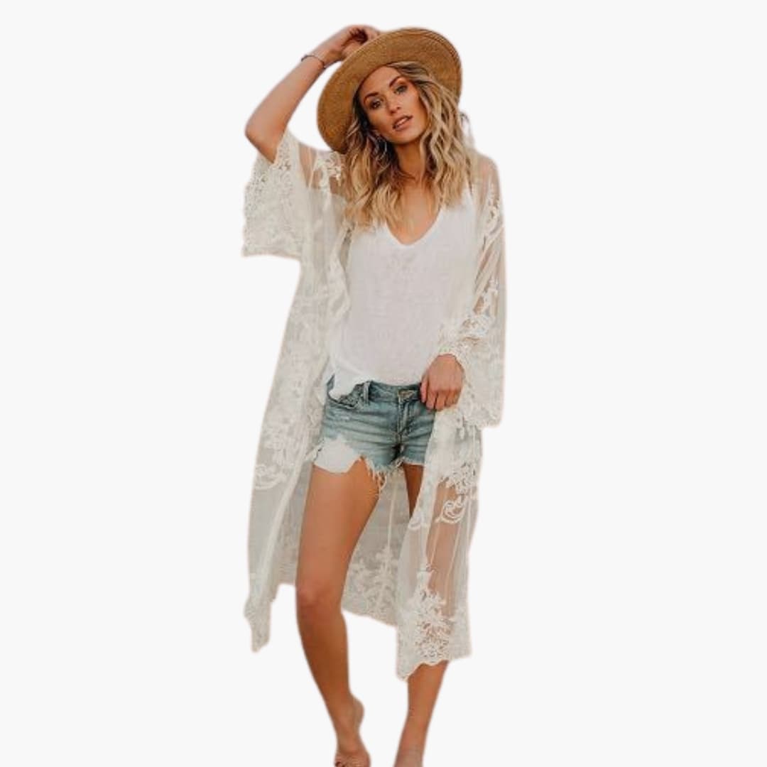 Women Lace Blouse Open Front Short Sleeves