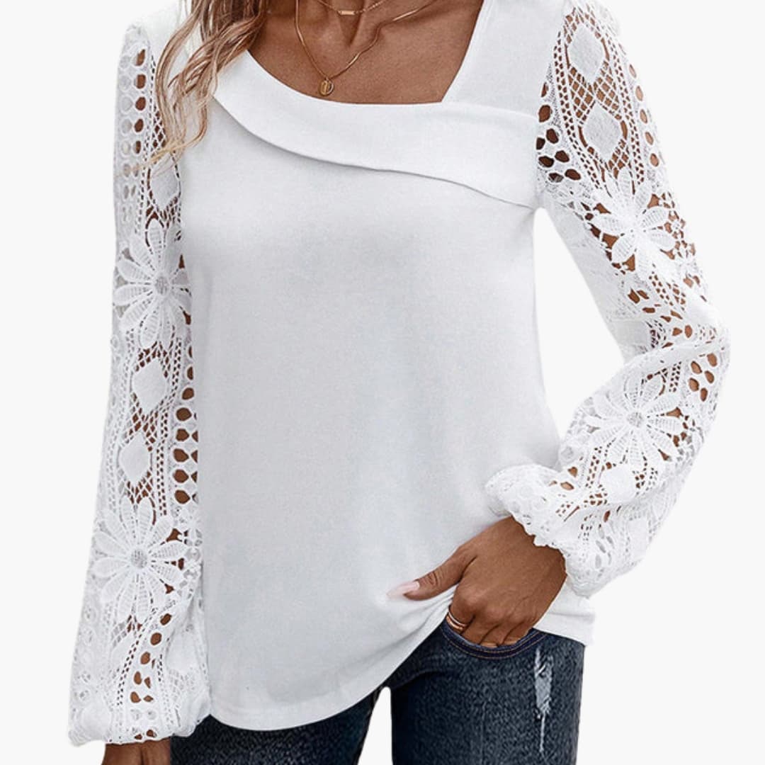 Women's Lace Crew Neck Blouse Long Sleeve Woven White