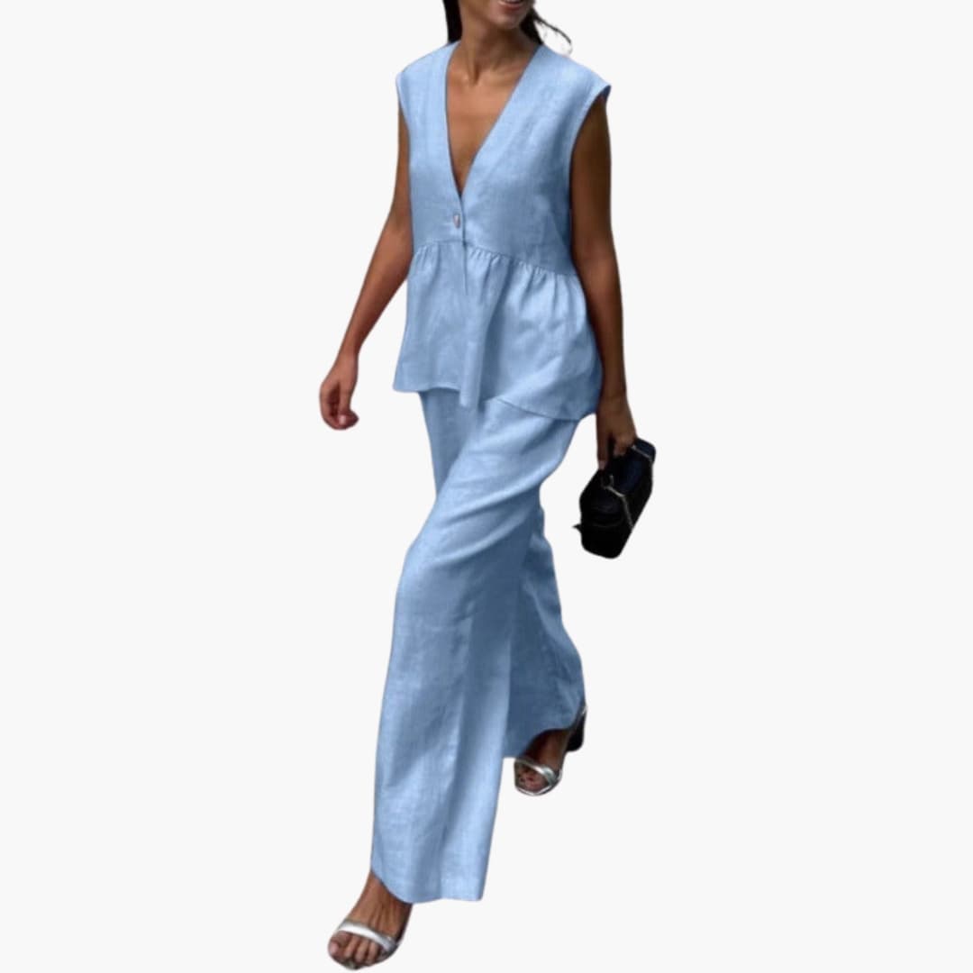 Women's Linen Two-Piece Deep V-Neck And Wide Leg Pants Set