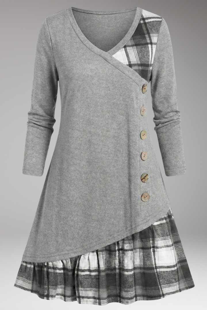 Women's Plaid A-Line Dress Long Sleeve High Collar