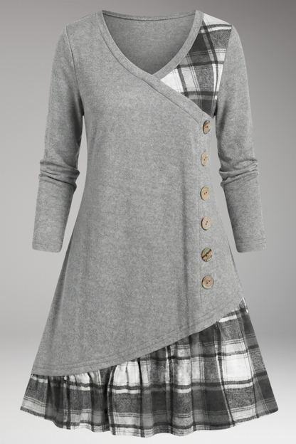 Women's Plaid A-Line Dress Long Sleeve High Collar