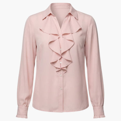 Women's Long Sleeve Crew Neck Blouse Loose Fit Ruffle Front