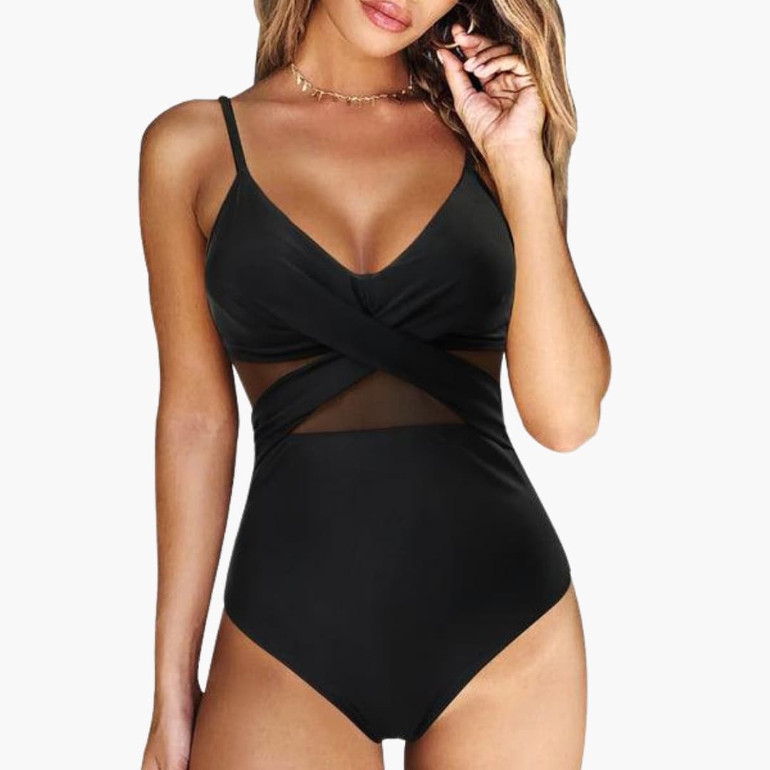 Women's One-Piece Swimsuit Mesh Insert Adjustable Strap Low Back