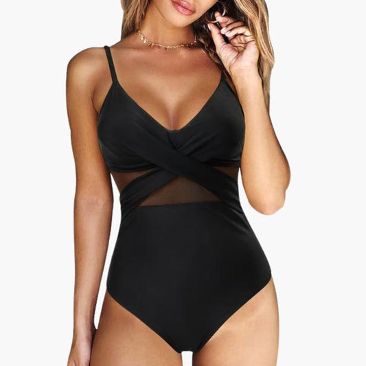 Women's One-Piece Swimsuit Mesh Insert Adjustable Strap Low Back