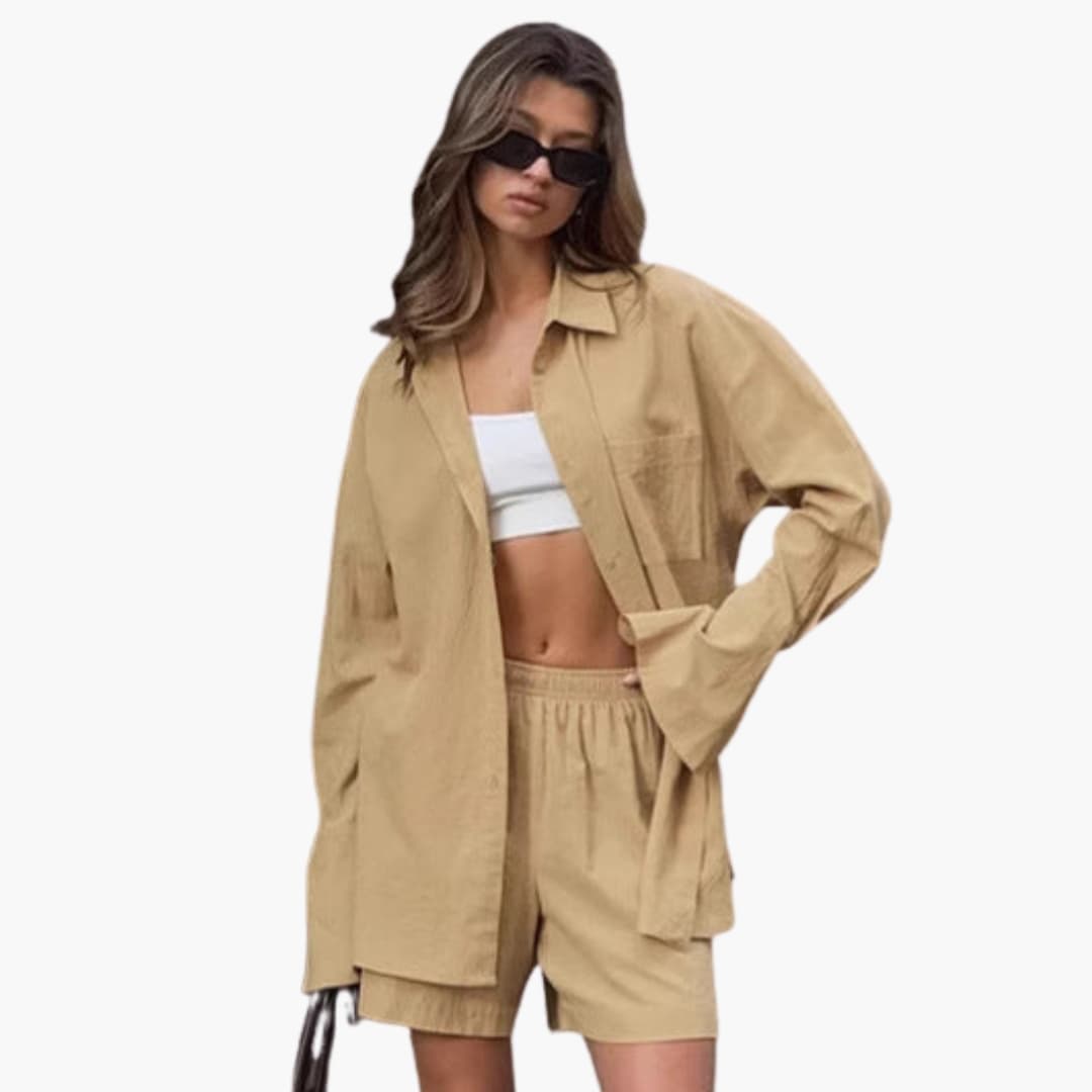 Women's Two-Piece Set Button Shirt And Elastic Shorts