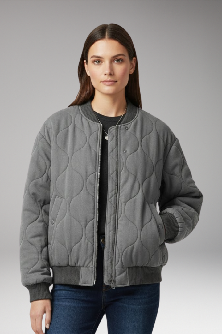 Women's Quilted Flight Jacket High Collar Ribbed Edges