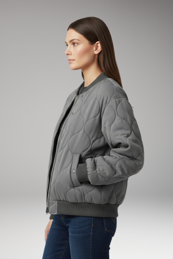 Women's Quilted Flight Jacket High Collar Ribbed Edges