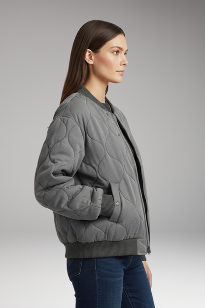 Women's Quilted Flight Jacket High Collar Ribbed Edges