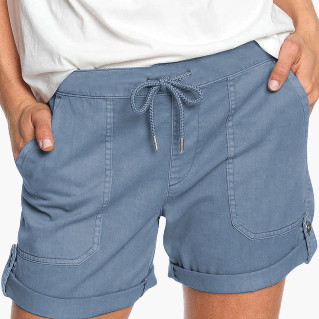 Women's Drawstring Shorts Cuffed Hem Cotton Beige