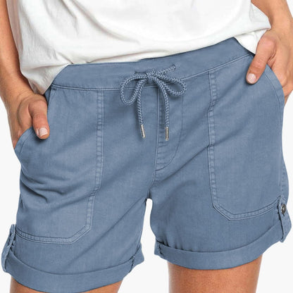 Women's Drawstring Shorts Cuffed Hem Cotton Beige