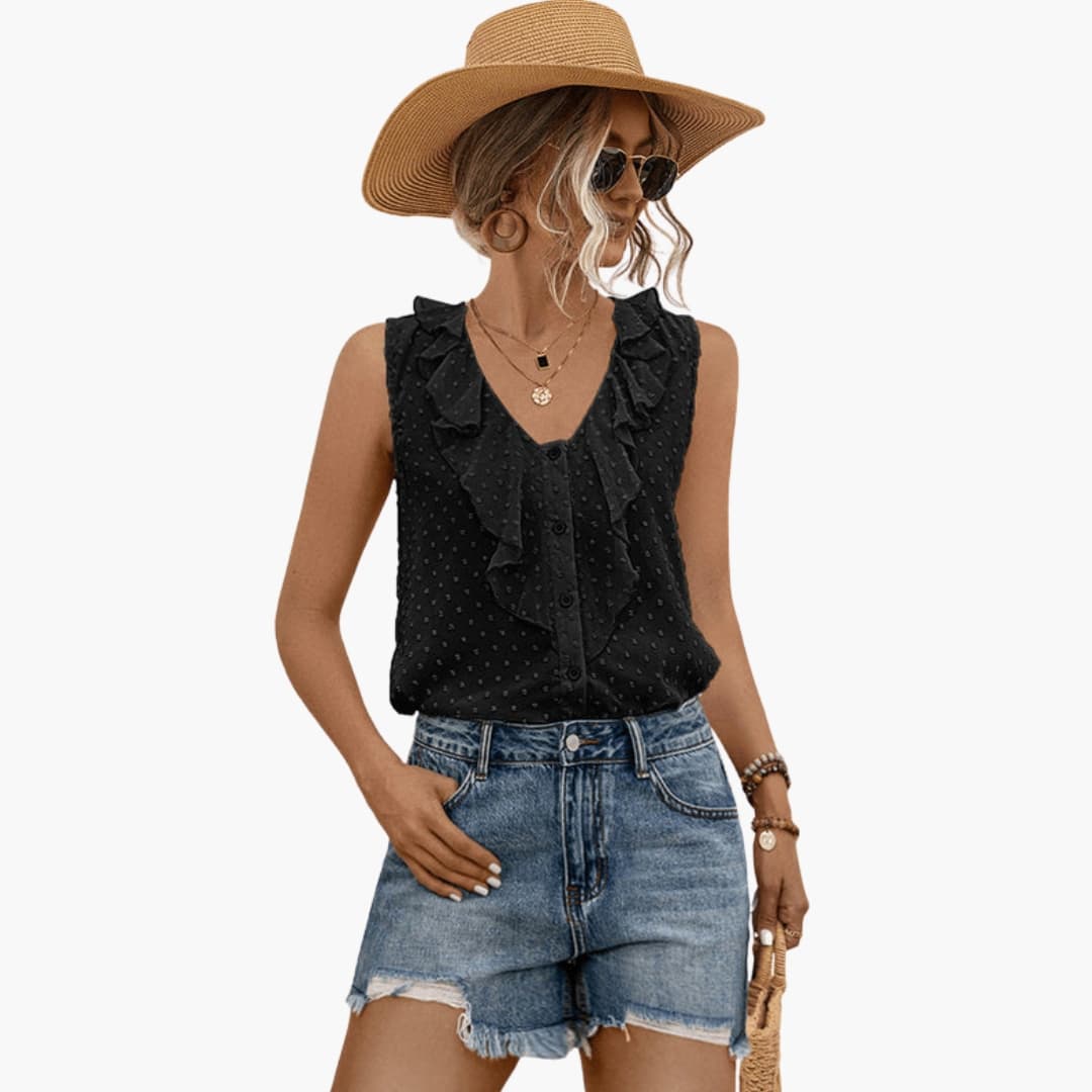 Women's Sleeveless V-Neck Blouse Ruffle Trim
