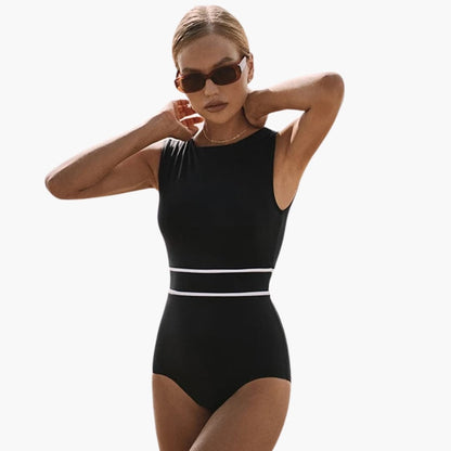 Women's Striped One-Piece Swimsuit Round Neck