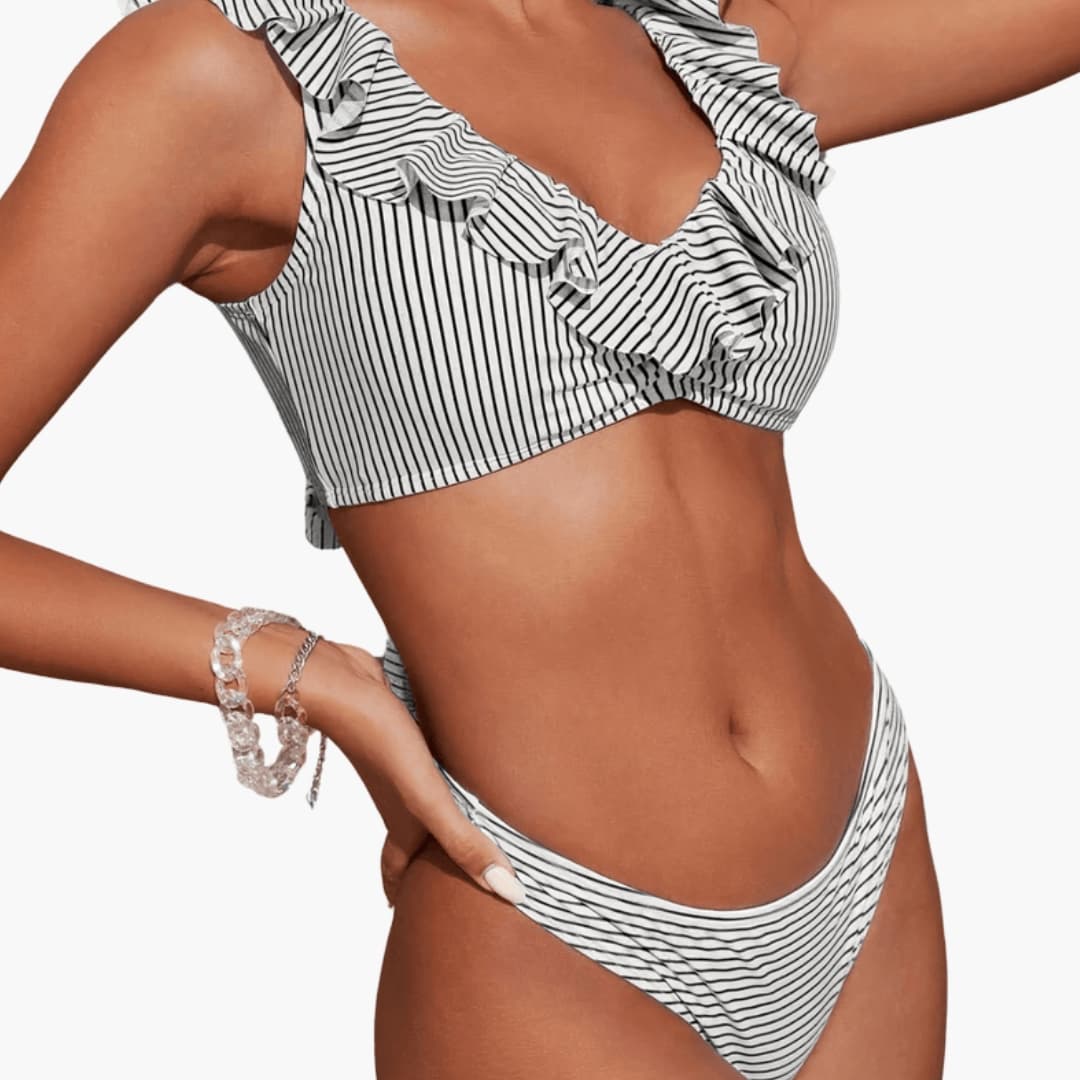 Women's Striped Ruffle Bikini Set Tie Side Bottom