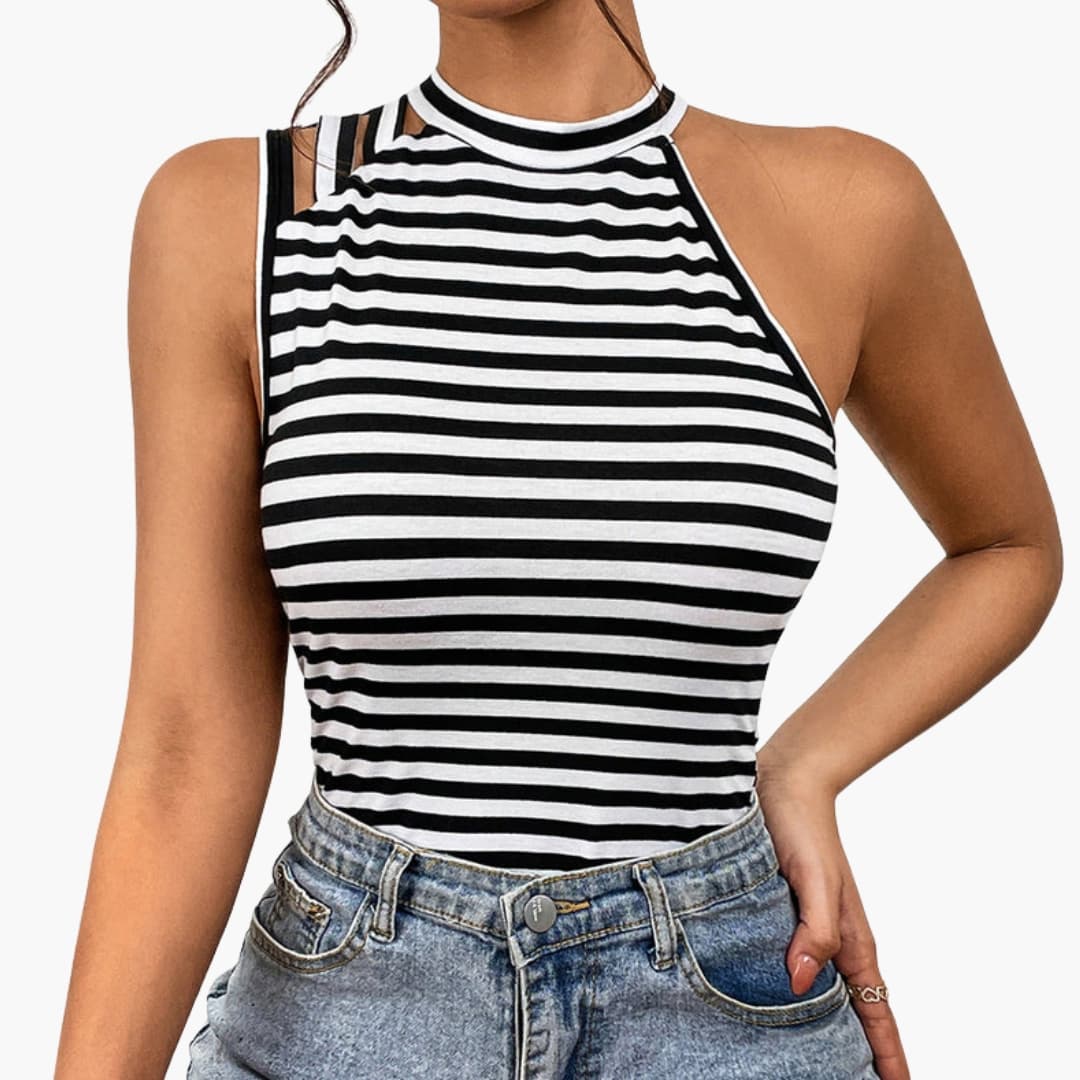 Women's Striped Blouse Stand Collar Half Sleeves