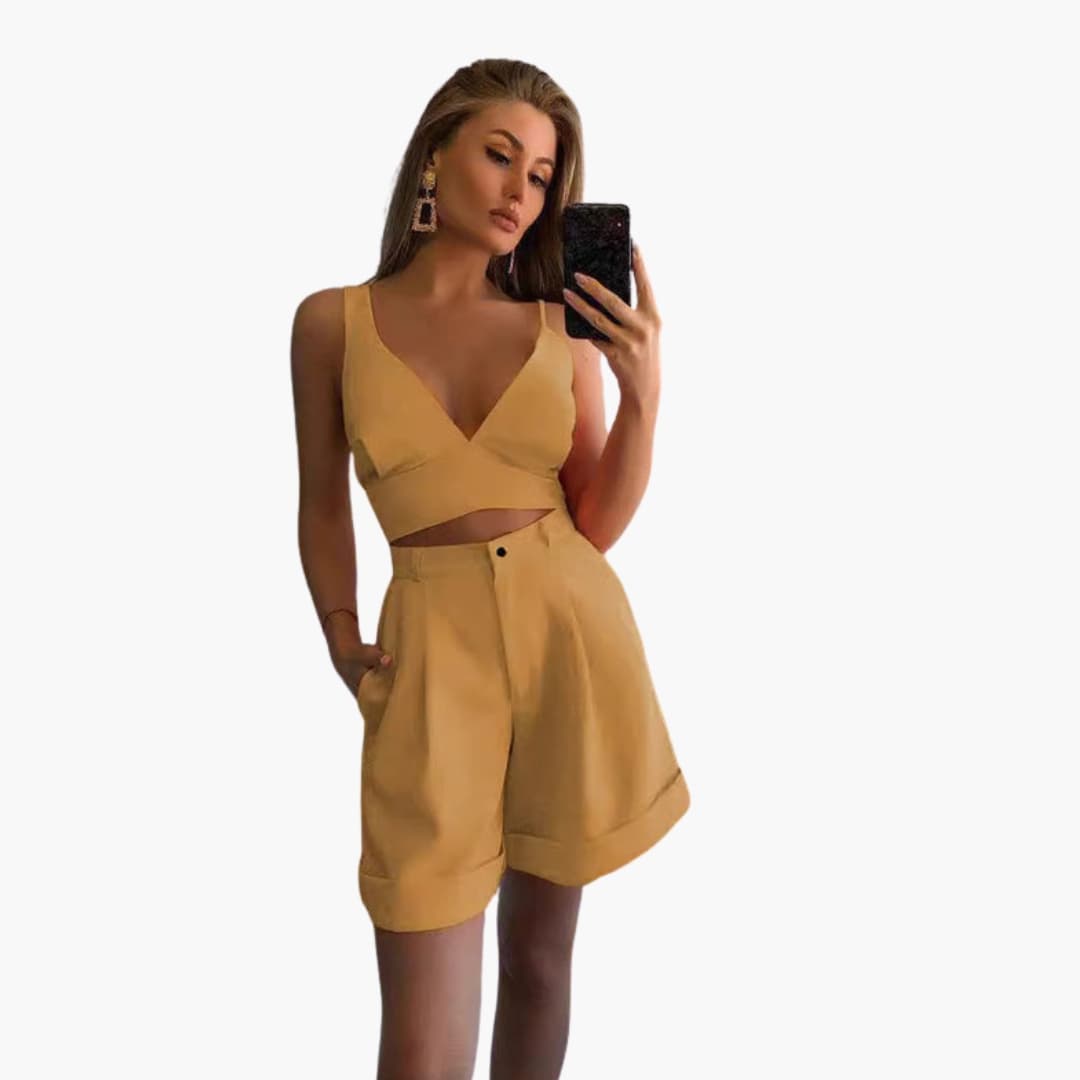 Women's V-Neck Crop And Shorts Set