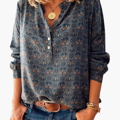 Women's Long Sleeve Button-Down Blouse Cotton Vintage Print