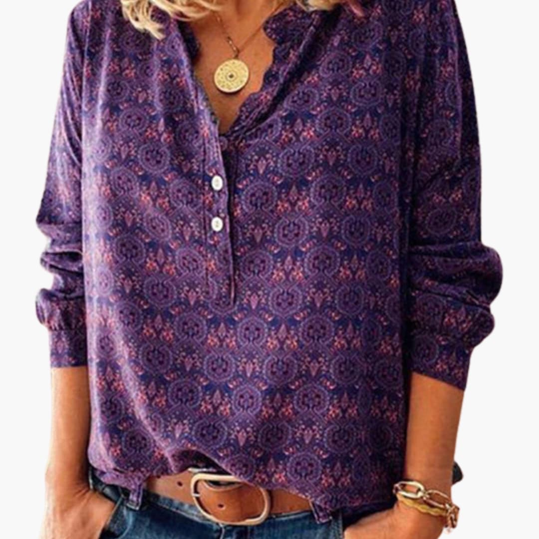 Women's Long Sleeve Button-Button-Front Blouse Cotton Vintage Print
