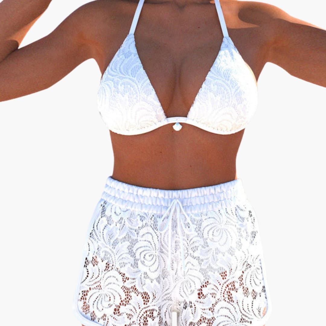 Women's Strapless Bikini Set Lace-Up Shorts White