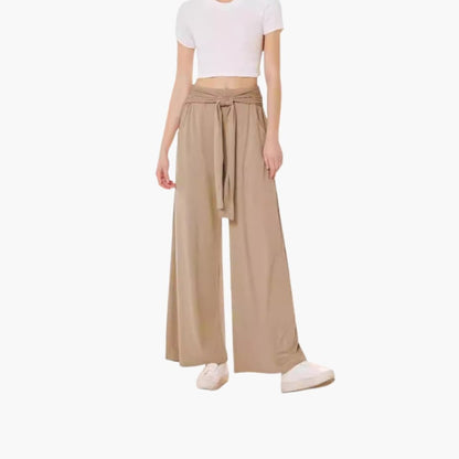 Women's Wide Leg Pants Cotton Tie Belt Side Pockets