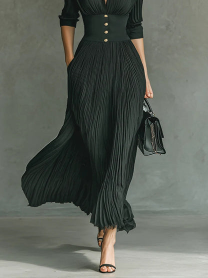 Women's Maxi Dress Fitted Waist Pleated Skirt Ruched Bodice