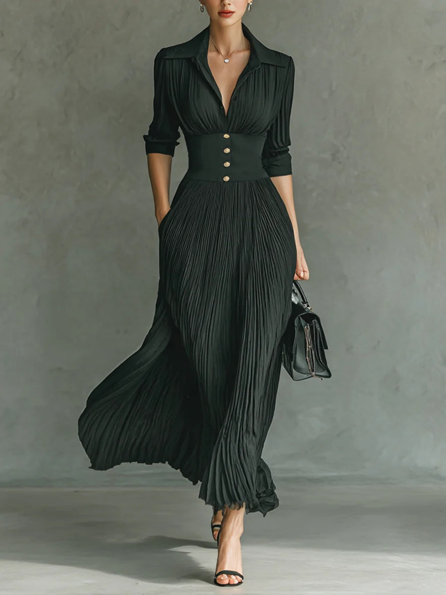 Women's Maxi Dress Fitted Waist Pleated Skirt Ruched Bodice