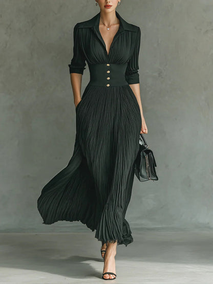 Women's Maxi Dress Fitted Waist Pleated Skirt Ruched Bodice