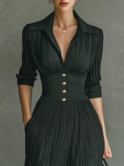 Women's Maxi Dress Fitted Waist Pleated Skirt Ruched Bodice