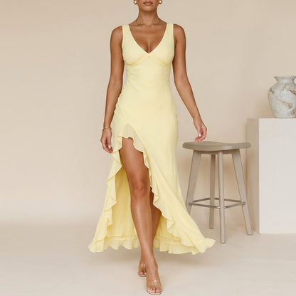 Women's Chiffon Maxi Dress Ruched Bodice Ruffled Slit