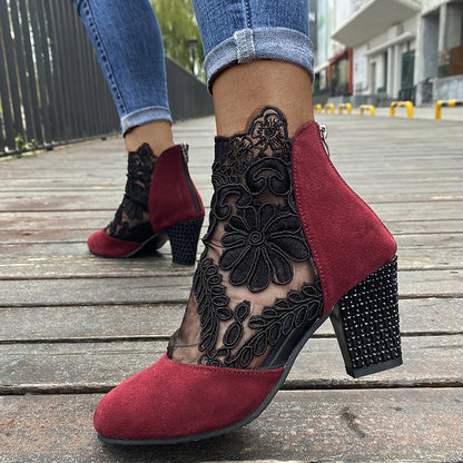 Women's Lace Panel Block Heel Ankle Comfort Boots