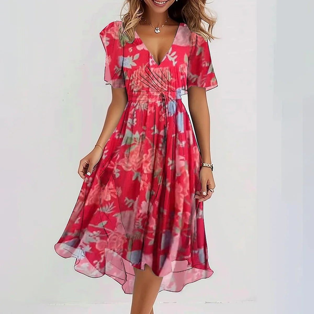 Women's Midi Dress V-Neck Flutter Sleeves