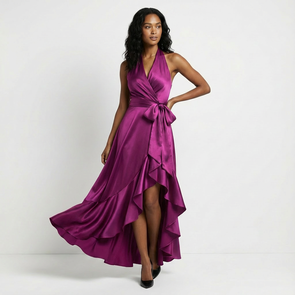 Women's Satin Maxi Dress Halter Neck Ruffled Hem