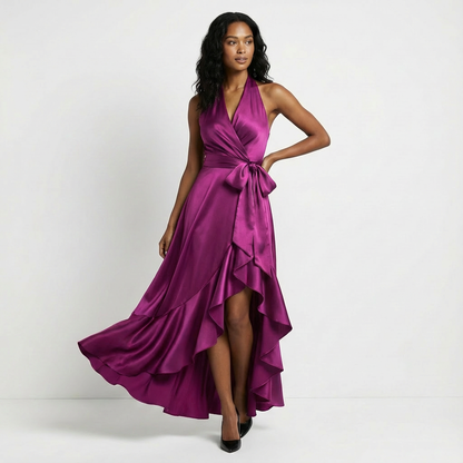 Women's Satin Maxi Dress Halter Neck Ruffled Hem