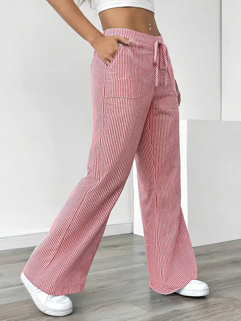 Image of Adrienne | Women's High-Waisted Striped Wide Leg Trousers