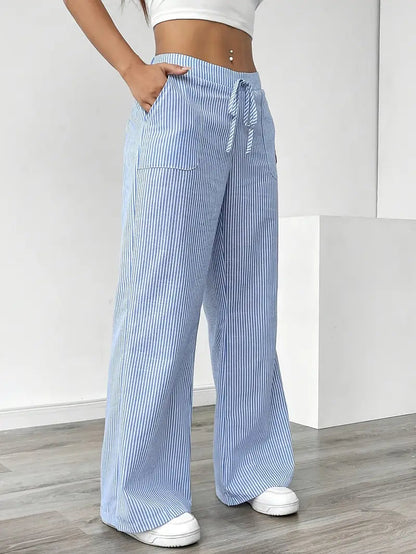 Image of Adrienne | Women's High-Waisted Striped Wide Leg Trousers