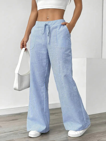 Image of Adrienne | Women's High-Waisted Striped Wide Leg Trousers