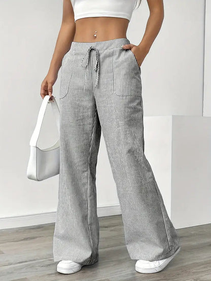 Image of Adrienne | Women's High-Waisted Striped Wide Leg Trousers