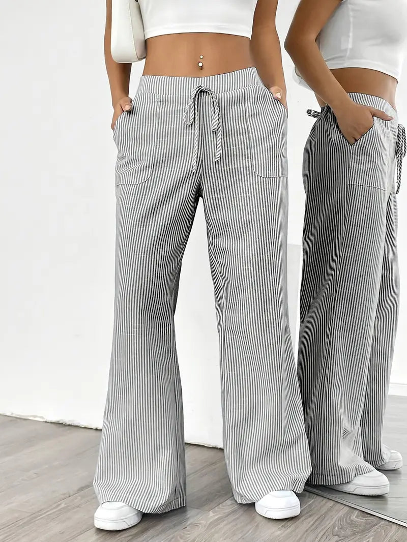 Image of Adrienne | Women's High-Waisted Striped Wide Leg Trousers