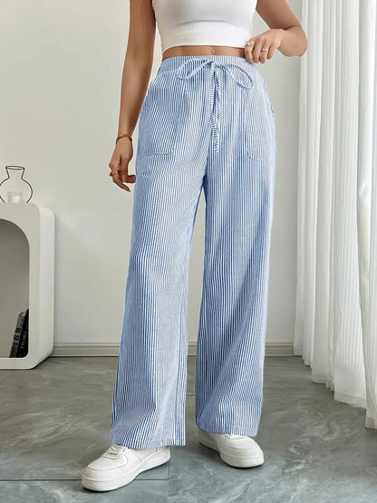 Image of Adrienne | Women's High-Waisted Striped Wide Leg Trousers