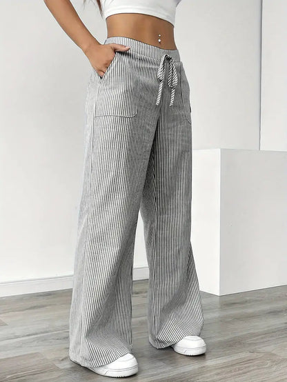 Image of Adrienne | Women's High-Waisted Striped Wide Leg Trousers