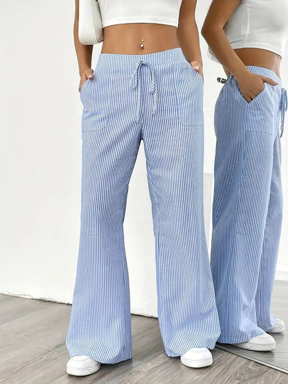 Image of Adrienne | Women's High-Waisted Striped Wide Leg Trousers