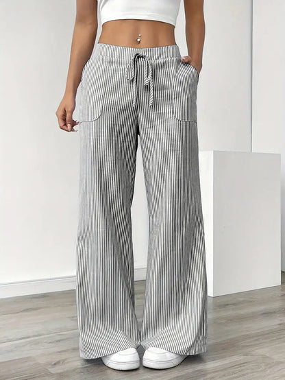 Image of Adrienne | Women's High-Waisted Striped Wide Leg Trousers
