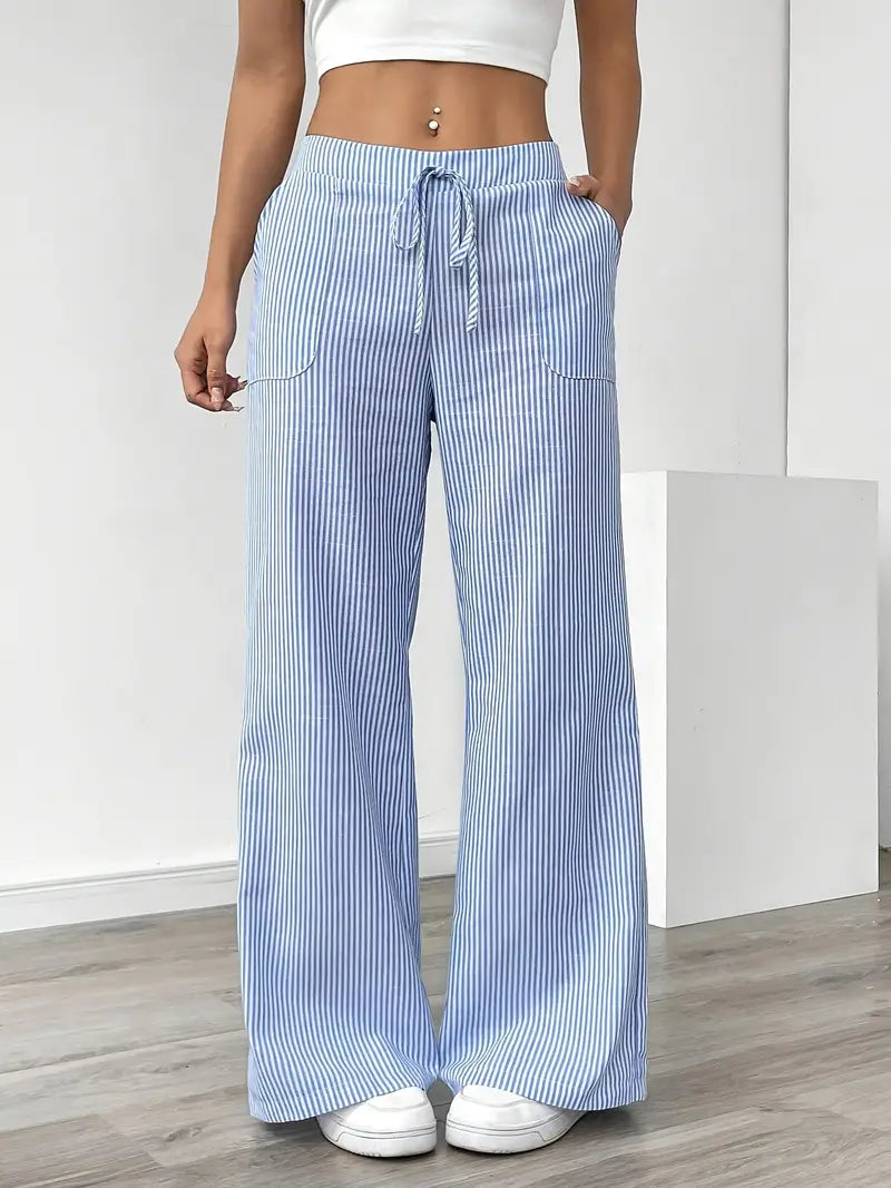Image of Adrienne | Women's High-Waisted Striped Wide Leg Trousers