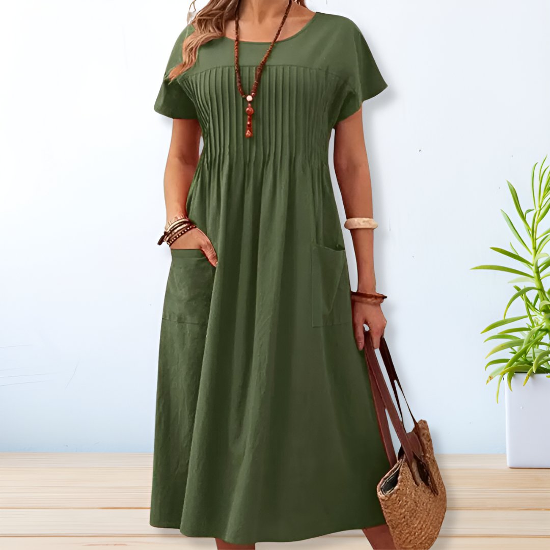 Women's Short Sleeve Midi Dress Pintuck Bodice Side Pockets
