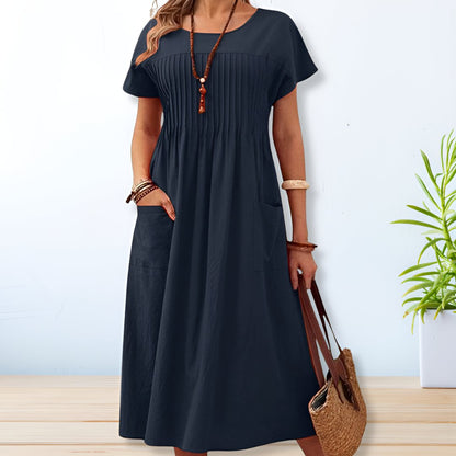 Women's Short Sleeve Midi Dress Pintuck Bodice Side Pockets