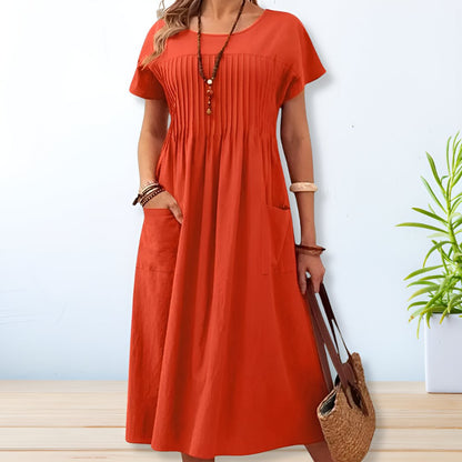 Women's Short Sleeve Midi Dress Pintuck Bodice Side Pockets